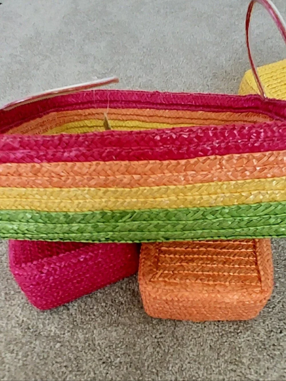 Colorful Straw Basket Party Set 5 Pieces Handles New Tags Neon Colors